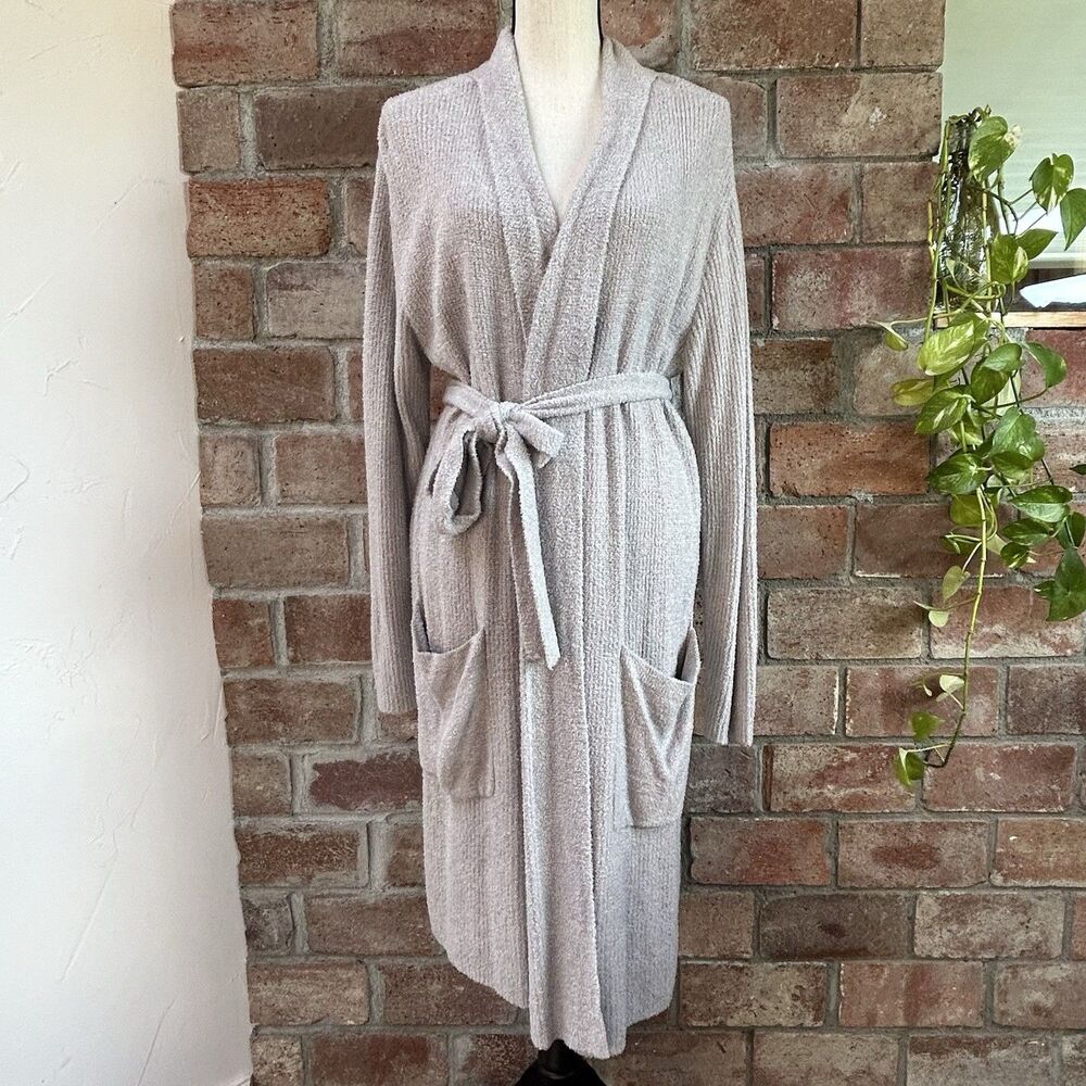 Barefoot Dreams CozyChic Lite Ribbed Robe L/XL Gray-Beige Ecru Belted Pockets